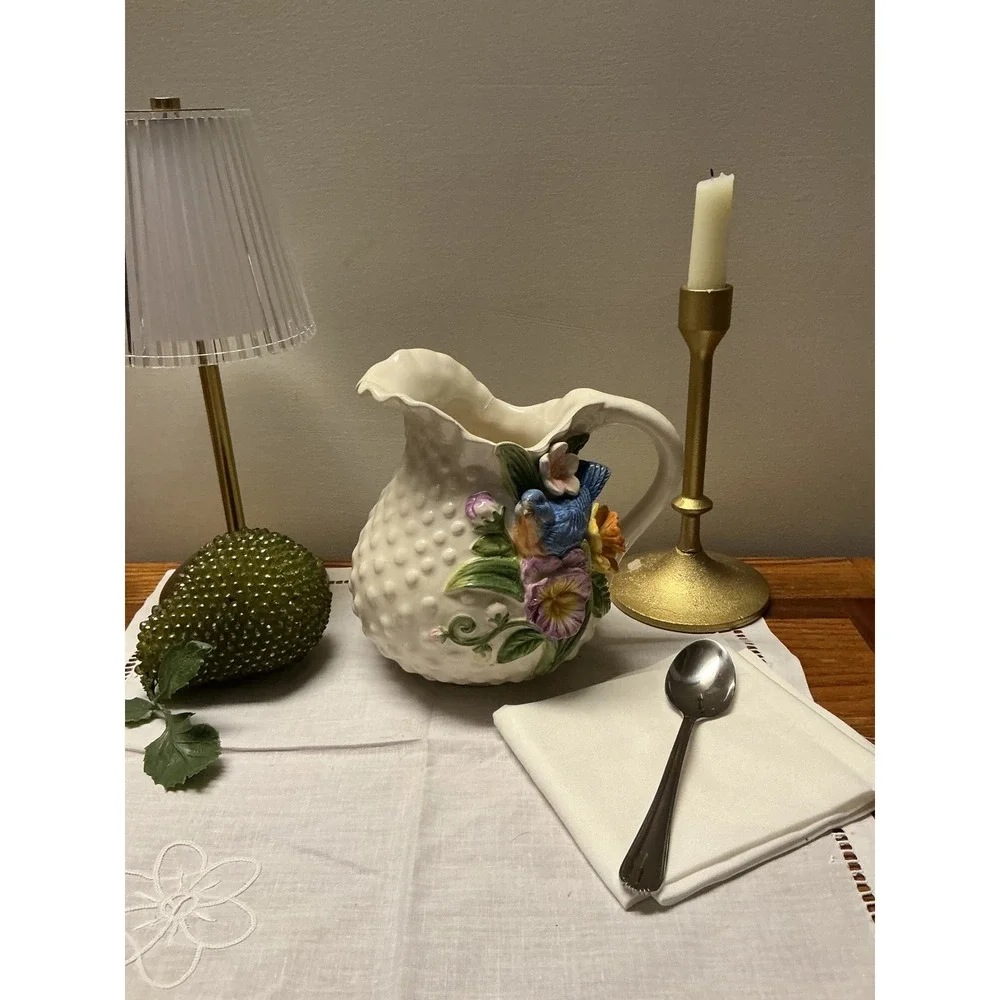 Vintage Ceramic Bluebird and Floral Hobnail Pitcher Decorative Creamer Vase - Picture 3 of 11